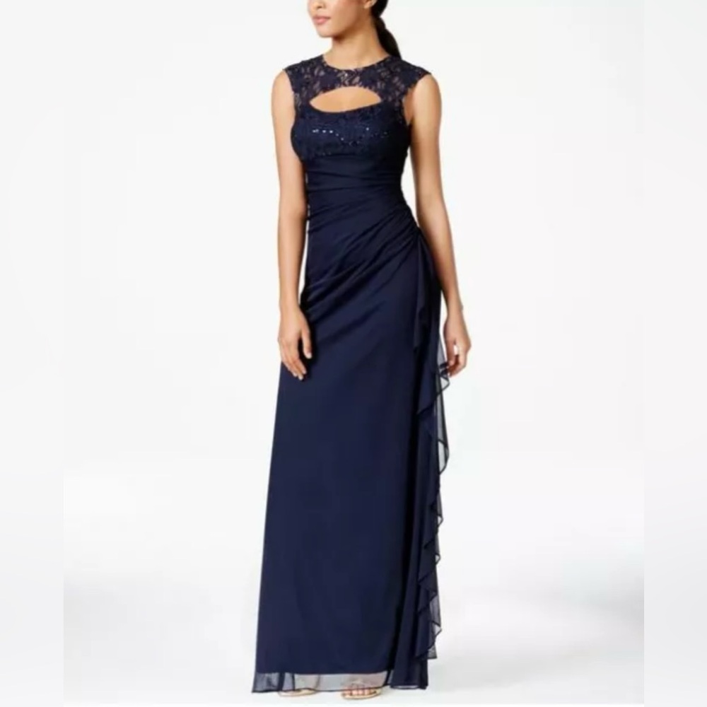 Women's B&A by Betsy & Adam Ruched Cutout Navy Blue Long Dress Formal 8